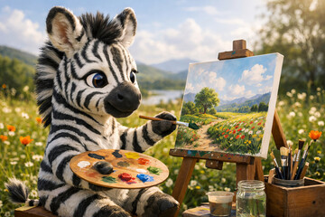 Fototapeta premium Adorable zebra painting in countryside meadow capturing serene landscape scene. concept of artistic creativity, animal painter, whimsical illustration, nature inspired art
