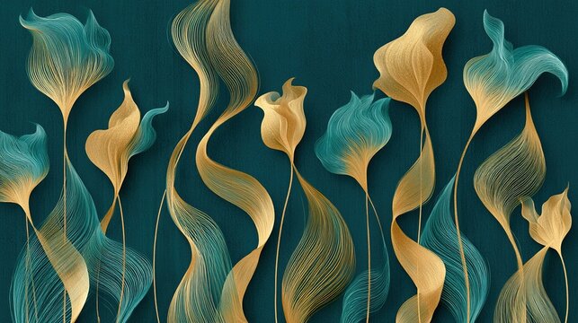 Abstract decorative graphic with vertical wavy golden lines on solid dark teal background, varied line thickness and parallel strands forming intertwined plant motifs, fluid continuous curves