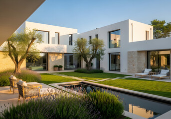Fototapeta premium A modern house with a pool and lounge chairs in the backyard garden landscape