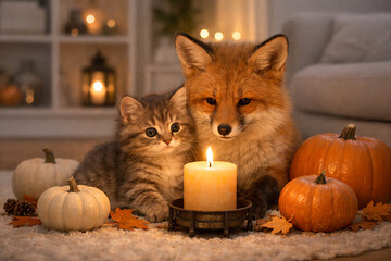 Obraz premium Fluffy fox and kitten sitting together next to a burning candle and pumpkins. Cozy autumn atmosphere with fall decor for Thanksgiving or Halloween holiday celebration in a home living room