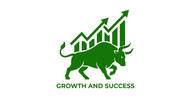 Animated Bull Market Growth and Success Icon with Rising Stock Chart on White Background Business Motion Graphic