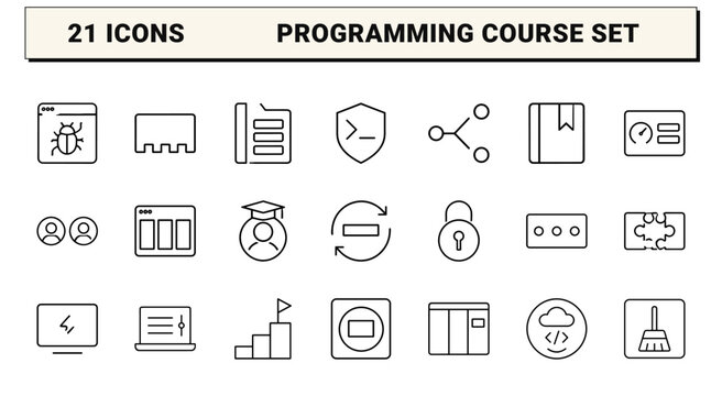 Coding education program line icon set. Vector pictograms of software development, programming curriculum, developer training, and computer science elements, thin linear illustration.