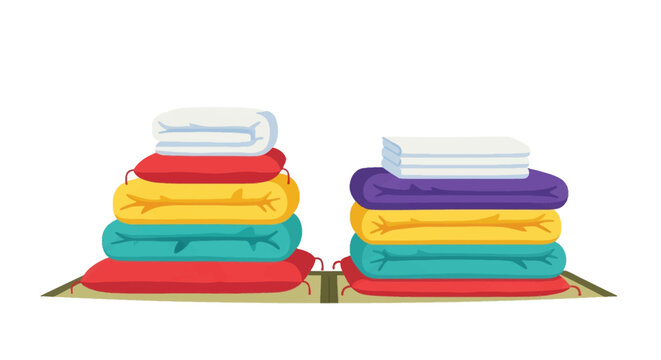 Vector illustration of two stacks of folded colorful Japanese futon bedding including pillows, mattresses, and blankets arranged on a traditional green tatami mat floor.