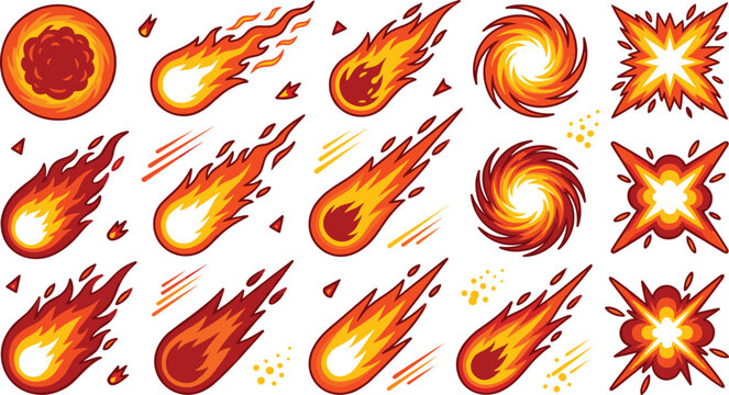 Cartoon Fire and Explosion Effect Vector Set with Flying Meteors, Comets, Fireballs, and Flame Trails for Game Design and Comic Animations
