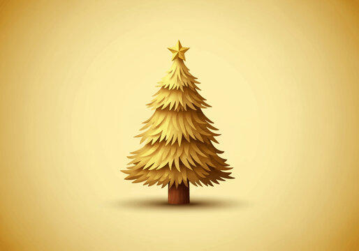 Golden Christmas tree with star on top, minimalist 3D style pine tree with layered branches and wooden trunk isolated on light gold gradient background for holiday greeting card.