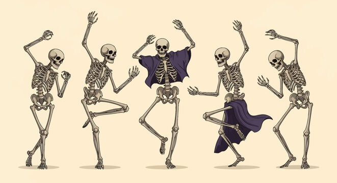 Vector illustration of five human skeletons in active dancing poses, some wearing purple fabric garments, set against a plain cream background for Halloween or festive designs.