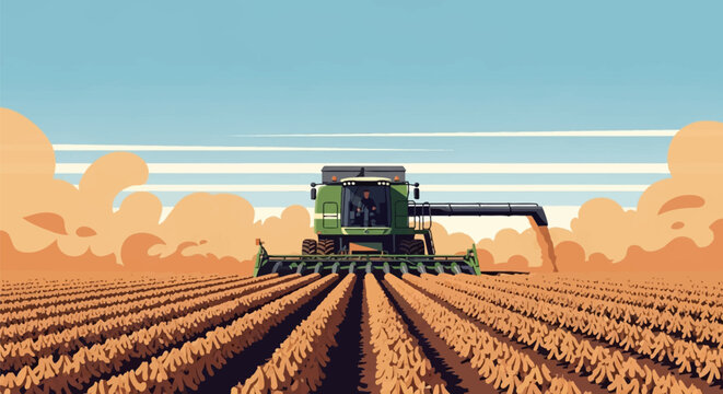 Vector illustration of a green combine harvester machine reaping dry agricultural crops with a large dust cloud and chaff trailing behind the vehicle under a clear blue sky.
