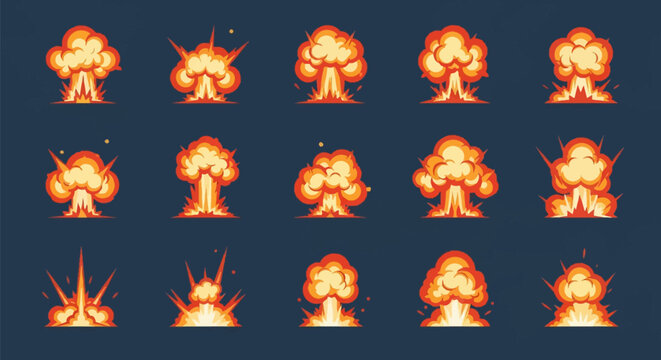 2D cartoon explosion animation sprite sheet featuring fifteen individual fire and smoke mushroom cloud frames with orange and yellow gradients on a dark blue background.