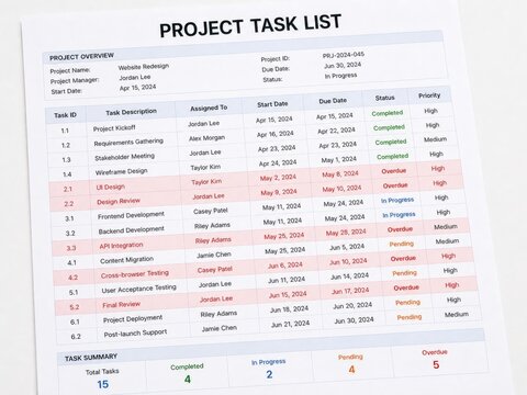Project task list document for business management and team workflow tracking. Organized spreadsheet with schedule dates and status indicators for corporate project planning and administration