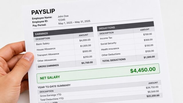 Hand holding a paper payslip showing monthly earnings and deductions. Employee salary statement with net pay amount