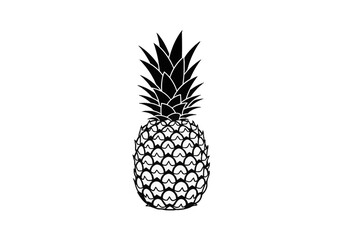 Obraz premium Black and white vector illustration of a whole pineapple featuring a detailed geometric pattern on the fruit skin and sharp spiky leaves on the crown, isolated on a white background.