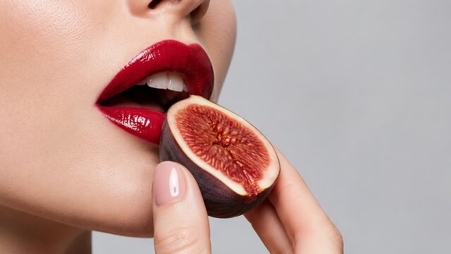 Woman with glossy red lipstick holding a slice of fresh organic fig to her mouth. Beauty and lifestyle concept for fashion and healthy food advertisement, closeup studio portrait, copy space