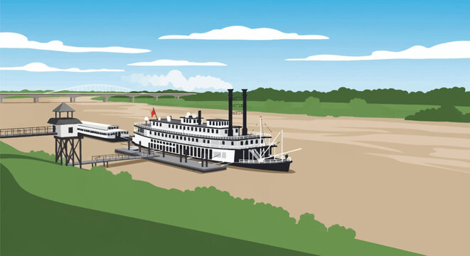 Vector illustration of a classic multi-deck steamboat docked at a river terminal on the brown waters of the Mississippi River with a bridge and green forest in the background.