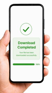 Hand holding smartphone displaying a download completed notification on the screen. Successful file transfer icon with progress bar. Vertical
