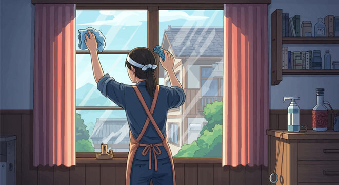 Anime style illustration of a woman wearing an apron and headband cleaning a large window pane with a cloth, featuring pink curtains and a view of traditional Japanese houses.