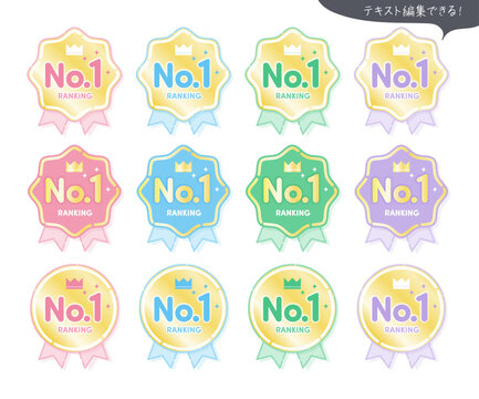 パステルカラーの王冠付きNo.1ランキングバッジセット|星形・円形メダルとリボンの可愛い受賞アイコン素材|EC・SNS・LP用ベクターイラスト