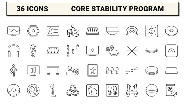 Balance training program line icon set. Vector pictograms of physiotherapy, core stability, fall prevention, and rehabilitation elements, thin linear illustration.
