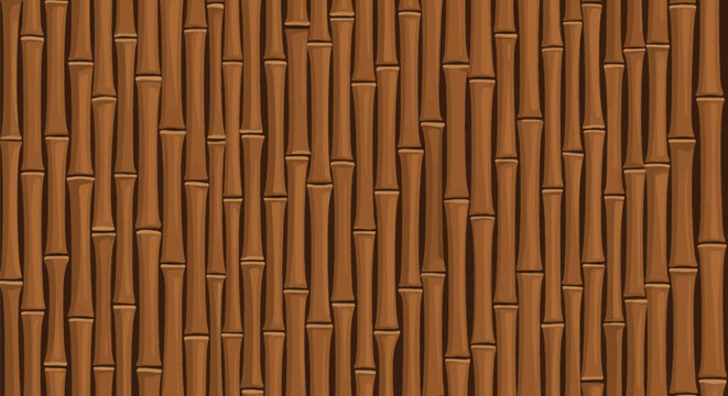 Seamless background featuring vertical brown bamboo sticks with visible segments and joints. Stylized vector illustration of a wooden bamboo fence or wall texture with brown tones.