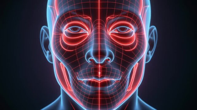 3D Anatomy Human Head Wireframe Animation with Muscle and Bone Structure - Glowing Red Details
Detailed 3D animation of a human head's anatomical structure, showcasing wireframe muscles and bones.