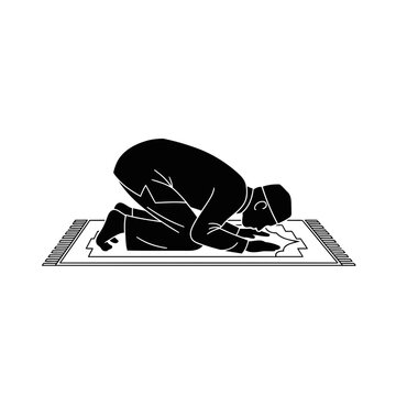 Muslim man performing sujud or prostration during prayer on a prayer mat, vector illustration
