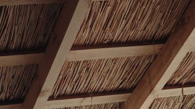 Interior view of a rustic ceiling made with natural thatch and supported by sturdy wooden beams, creating a warm, organic, and traditional architectural background with intricate textures
