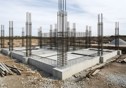 Construction workers build foundation with steel rebar and concrete on a cloudy day outdoors