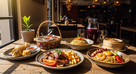 Fototapeta premium An authentic chifa feast featuring diverse peruvian-chinese fusion dishes like lomo saltado, fried rice, and dim sum arranged on a rustic wooden table