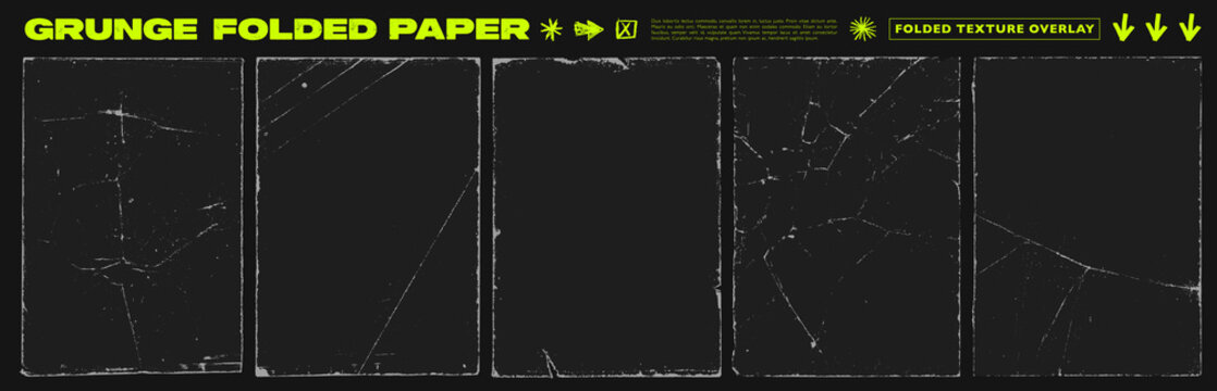 Old paper overlay frames with fold effect texture and creases. Hand drawn vector worn and wrinkles paper texture for posters, a4 sheets with dust, grainy grange effect. Folded overlay, torn edges.