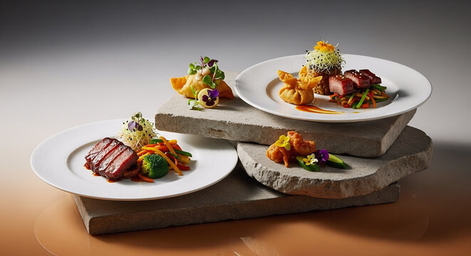 Exquisite chifa cuisine display featuring gourmet fusion dishes with roasted pork, wonton, and fresh vegetables artfully arranged on rustic stone slabs