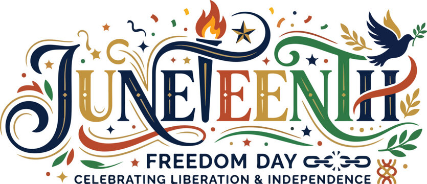 Juneteenth freedom day typography with torch and broken chains