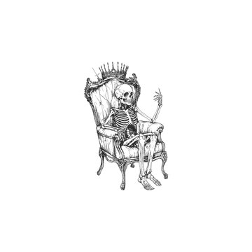 Engraving illustration of a human skeleton sitting on a regal throne wearing a crown