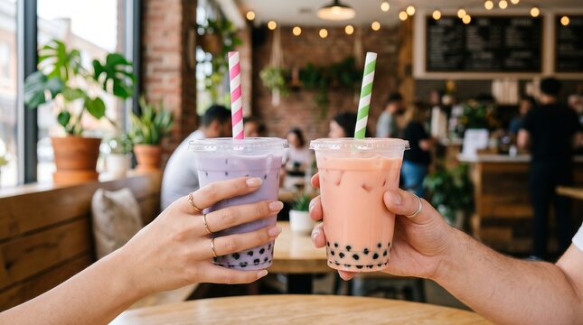 Woman and man holding bubble tea cups in cafe. Friends toasting with colorful boba drinks. Social meeting in coffee shop. Refreshing sweet milk tea beverage with tapioca