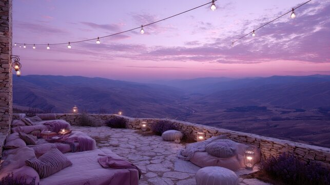 Outdoor stone terrace lounge area overlooks a vast mountain landscape at twilight