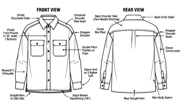 Relaxed Fit Mens Button Down Shirt Technical Specification Details Vector with Front and Rear Views