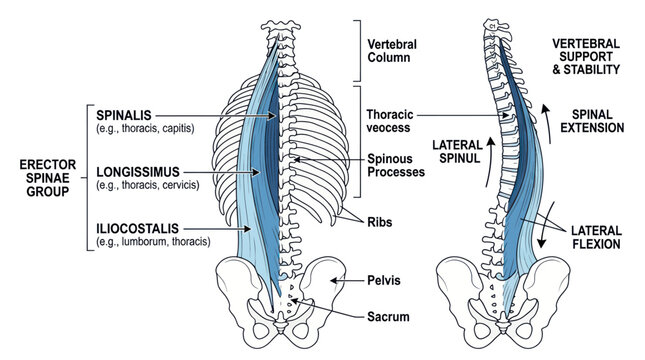 Erector spinae muscle group and human vertebral column anatomy diagram