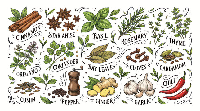 Culinary herbs and spices collection in vintage engraved style