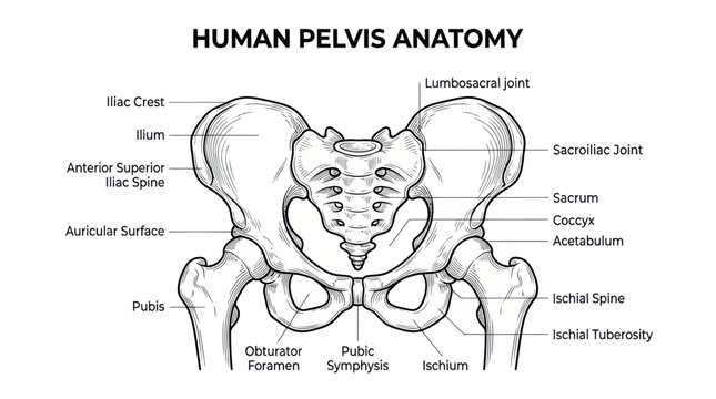 Detailed human pelvis anatomy diagram with medical labels