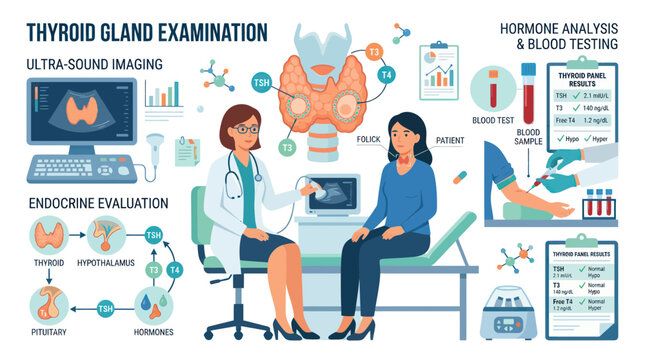 Medical examination of thyroid gland with ultrasound and blood tests