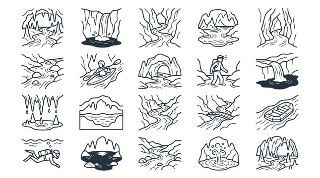 Underground cave exploration and river adventure icons set