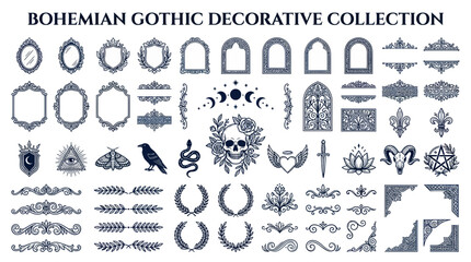 Gothic decorative elements including skull moon phases and frames © ades