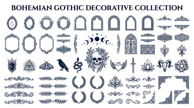 Gothic decorative elements including skull moon phases and frames
