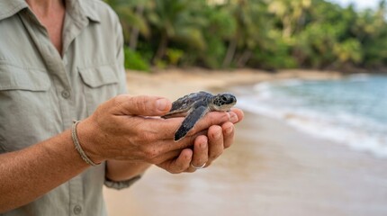 Fototapeta premium Biologist holding small sea turtle hatchling on beach. Conservationist releasing baby reptile near ocean. Wildlife rescue, environmental protection, marine ecology, caring for endangered animal