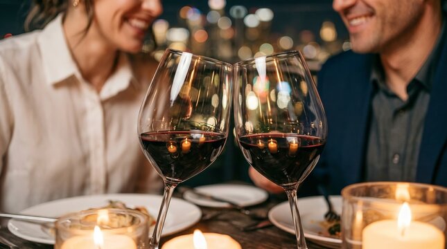 Friends clinking wine glasses at a cozy candlelit dinner, sharing joy and connection in a warm evening setting. concept of celebration, friendship, festive moment