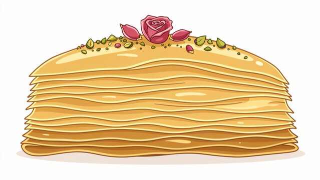 Stack of traditional layered crepes decorated with pink rose and green pistachios on top of the dessert