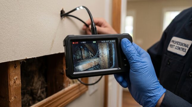 Pest control technician using an inspection camera to check for termite activity inside a wall. Professional home maintenance service for building damage assessment and infestation detection