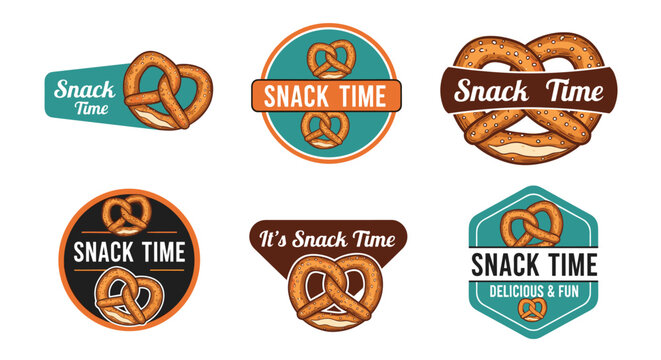 Snack Time pretzel logo collection with playful typography teal orange brown delicious fun branding vector design - flat vector illustration,