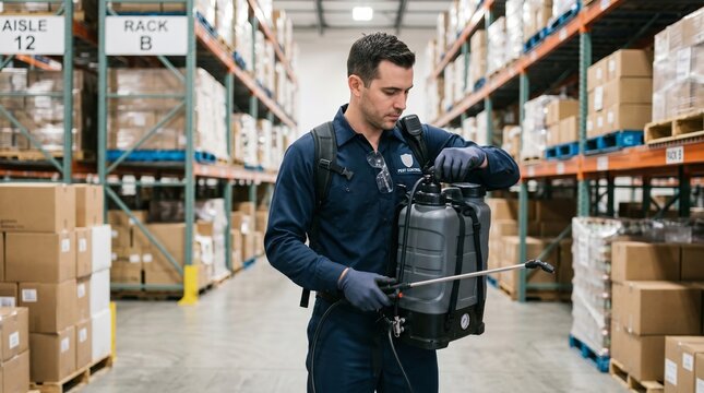 Pest control technician preparing spray equipment in warehouse. Man working in storage facility to prevent infestation. Industrial safety and hygiene services for business logistics