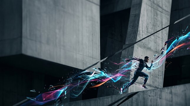 Man running through city creating colorful energy trail. Athletic black man sprinting with dynamic light effects and glass shards. Concept of speed, sports motivation and futuristic urban performance