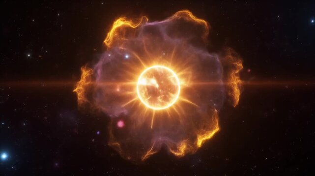Supernova explosion in deep space with expanding glowing nebula. CGI animation of a star exploding into a massive golden supernova nebula in the cosmos.