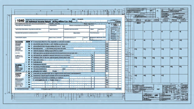 Close up of a detailed tax form with checkboxes and numerical fields in light blue and white colors